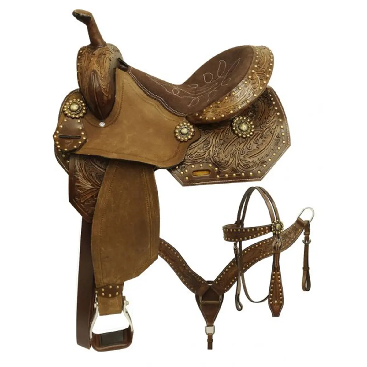 Economy Barrel Style Saddle Set With Feather Tooling - 14" 1