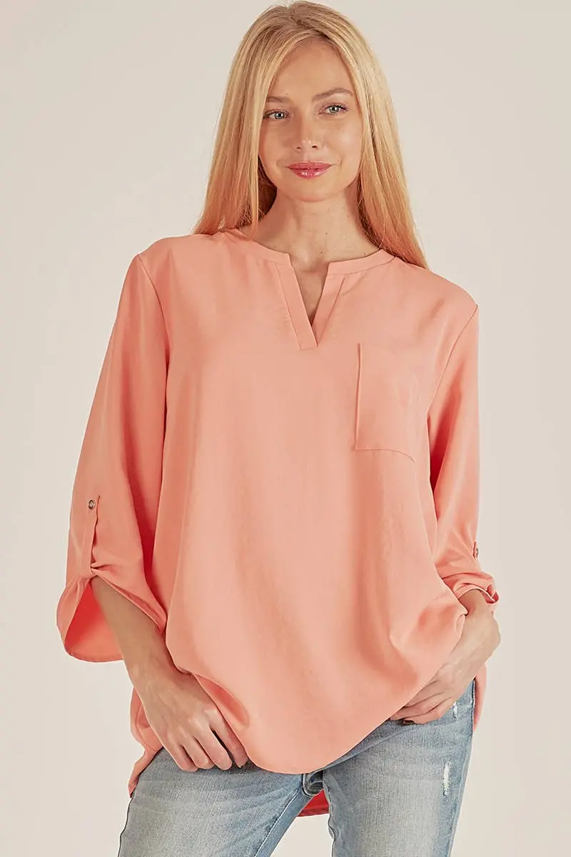 Spt5205. - Women Front Pocket Solid Slit Open Loose Fit Top Coral 1