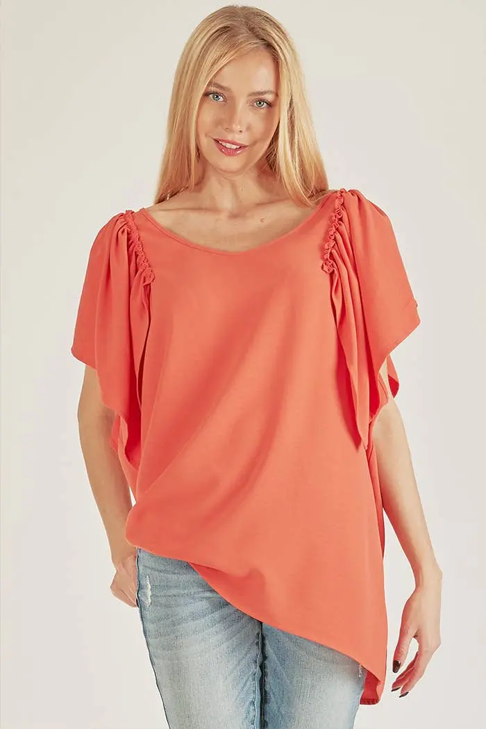 Spt5209 - Women Solid Short Ruffle Sleeve Loose Fitting Top 1