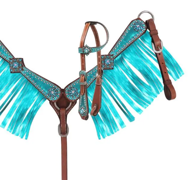 Showman Mini Size Headstall And Breast Collar Set With Metallic Teal Overlay And Fringe 1
