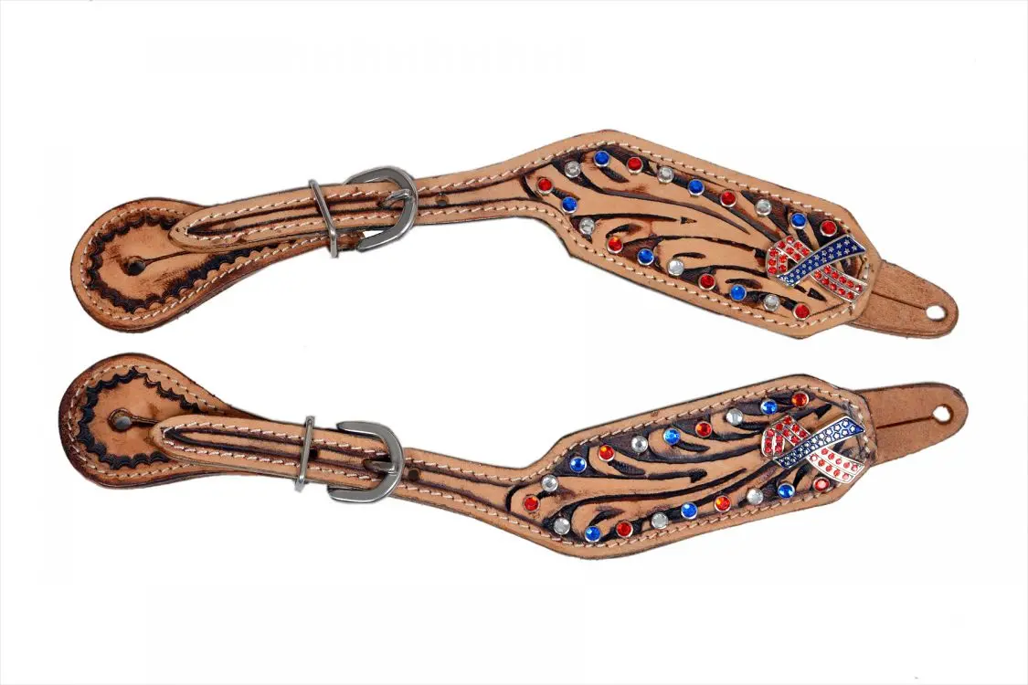 Floral Tooled Spur Straps With Red White And Blue Gems. 1