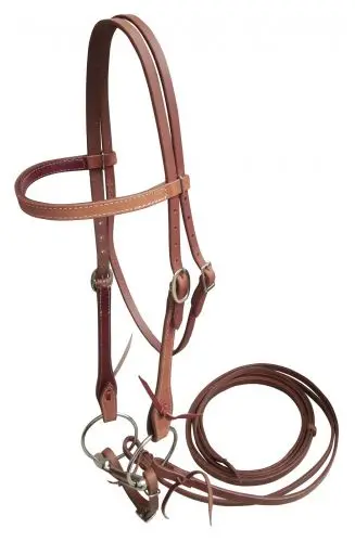 Showman ® Browband Harness Leather Headstall With 5" Mouth O-Ring Snaffle Bit And Slobber Strap. 1