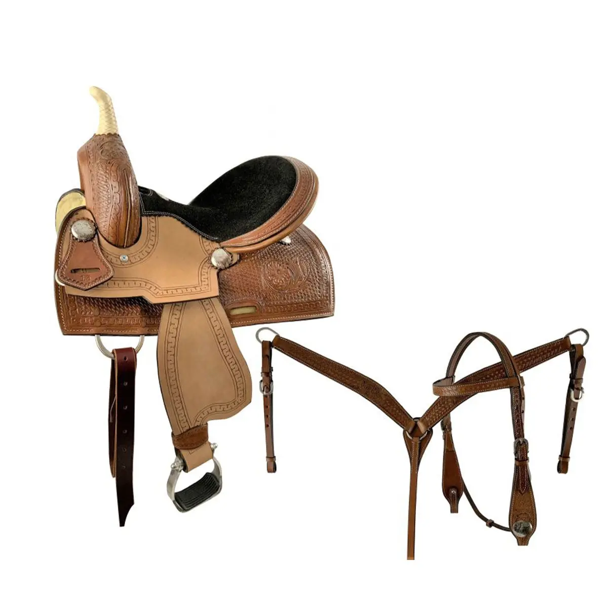 Double T Youth Hi-Back Barrel Saddle Set With Black Suede Seat - 13 Inch 1