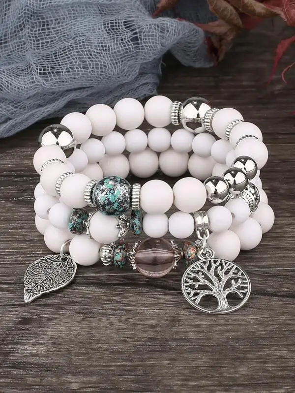 3Pcs Leaf & Tree Charm Beaded Bracelet 1