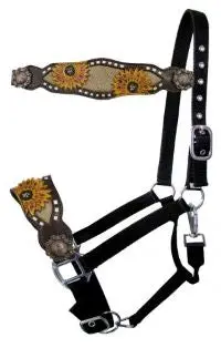 Showman Adj. Black Nylon Bronc Halter W/ Painted Sunflower Design. 1