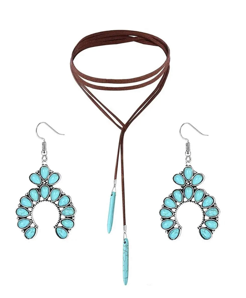 Bohemian Turquoise Geometric Drop Earrings & 1Pc Necklace 1