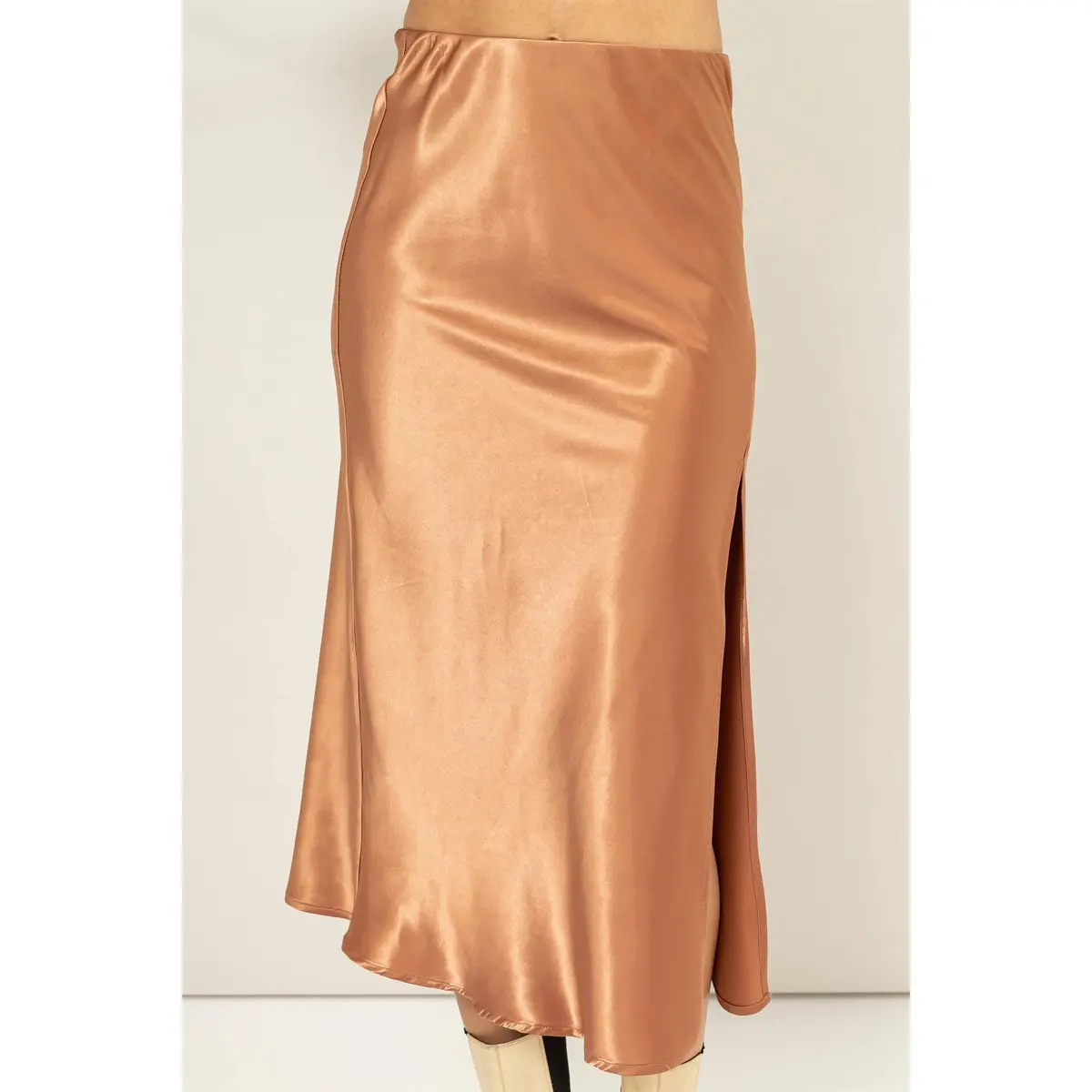Satin Midi Skirt With Side Slit And High Waist/Brown 3