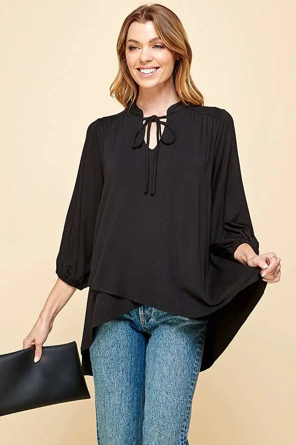 St4061 - Women Solid Collar Band Wrap Top With Tie Laces 1