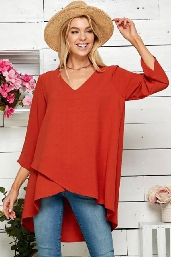 Women V-Neck 3/4 Sleeve Hi-Low Blouse Rust 1