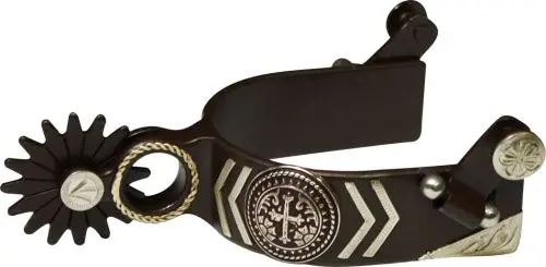 Showman Antique Brown Spur With Silver Engraved Cross Concho And Silver Overlays 1