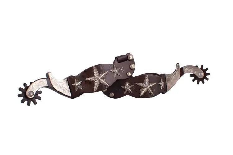 Showman ® Men's Size Brown Steel Spur With Engraved Stars And Silver Engraved Overlay. 1