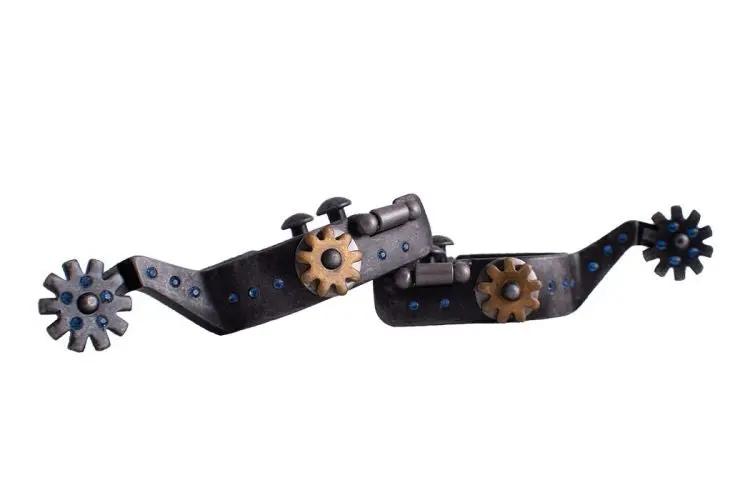 Showman ® Antique Gray Steel Spur With Blue Rhinestones And Gold Accent. 1