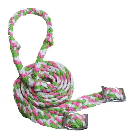 Showman ® Braided Nylon Barrel Reins With Easy Grip Knots - Lime Green/White/Pink 1