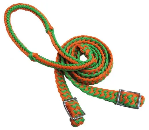 Showman ® Braided Nylon Barrel Reins With Easy Grip Knots - Orange/Green 1