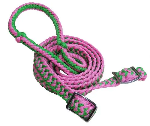 Showman ® Braided Nylon Barrel Reins With Easy Grip Knots - Lime Green/Pink 1