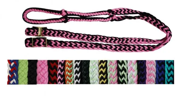 Showman ® Braided Nylon Barrel Reins With Easy Grip Knots - Pink/Black 1