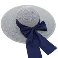 Mixed Grain Straw Satin Ribbon Wide Floppy Sun Hat-White/Navy Blue 1