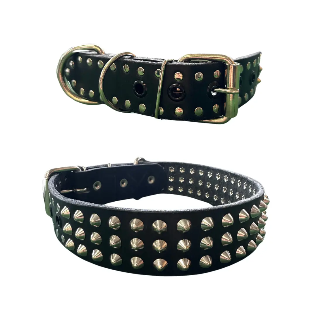 Dog Collar With Spikes - Black/Leather - Collar De Perro - Negro/Piel - Medium 1