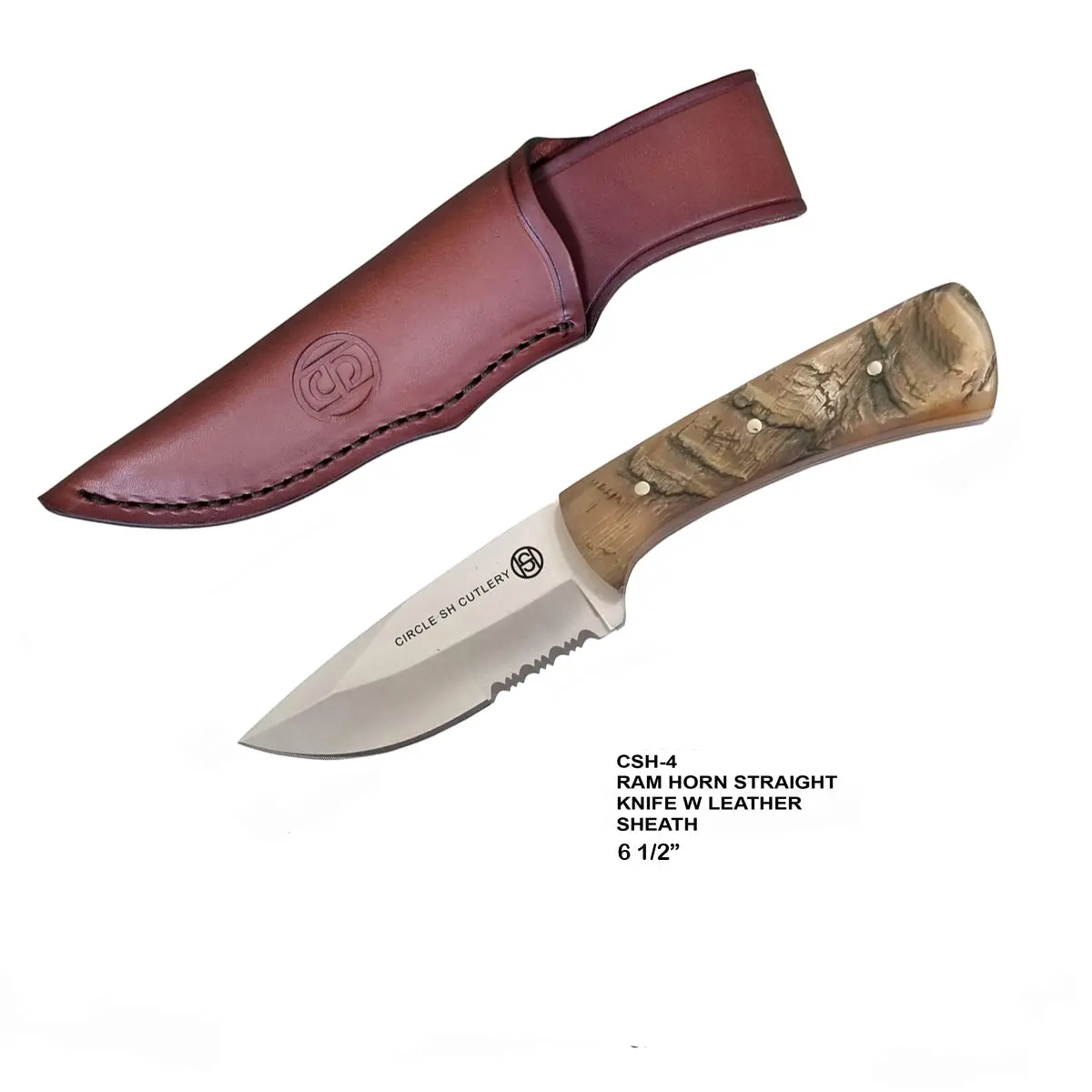 Circle Sh Knife, Stainless Stell Bld/ Ram Horn Handle / Lthr Shealth 1
