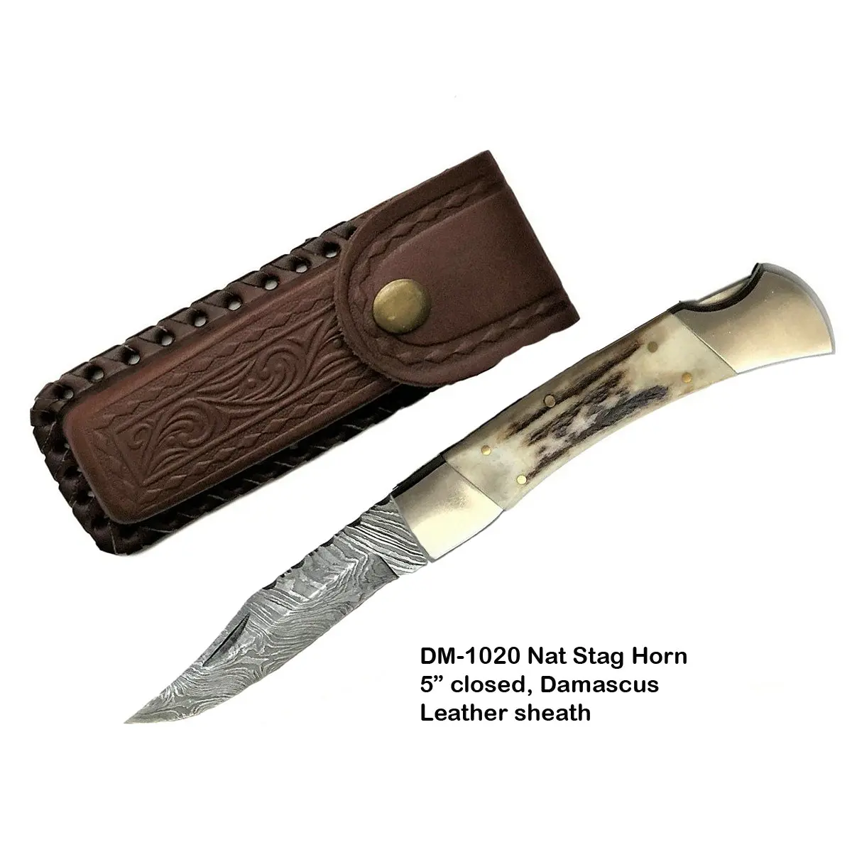 Circle Sh Knife 5" Damascus Stag Silver Doublebolsterfolder Hunter 1
