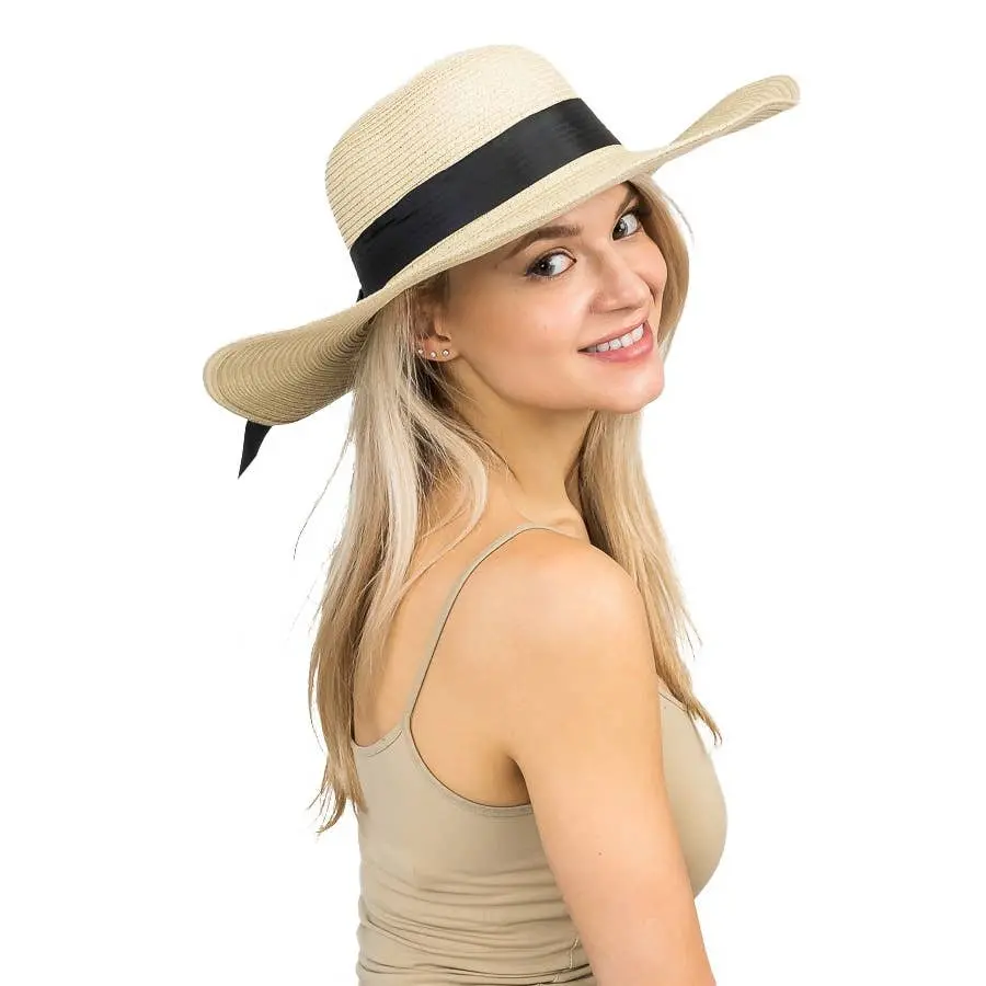 Wide Black Grosgrain Band Decor Floppy Paper Straw Sun Hat-Beige 1