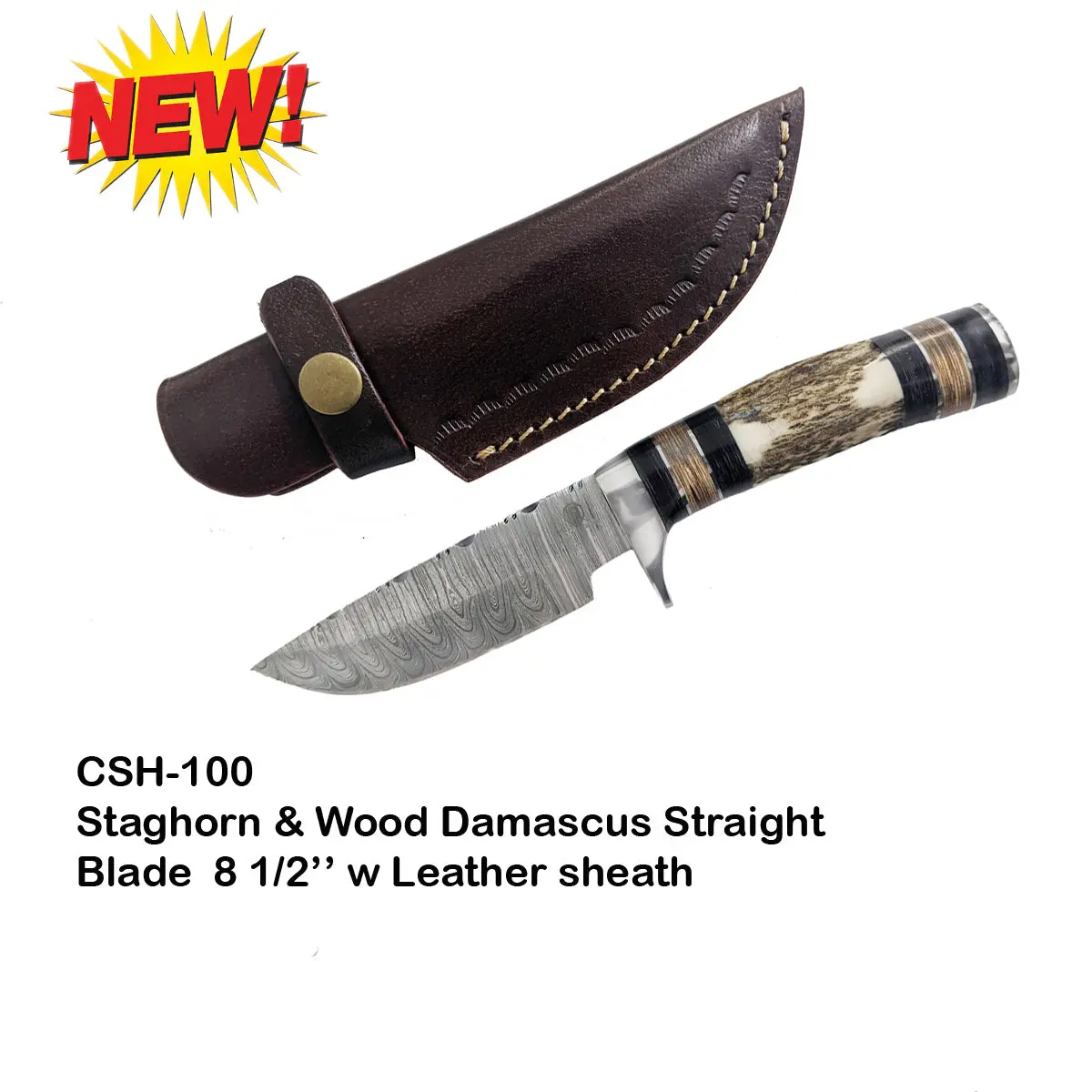 Circle Sh Damascus Knife Straigh Blade 8 1/2 Staghorn 1