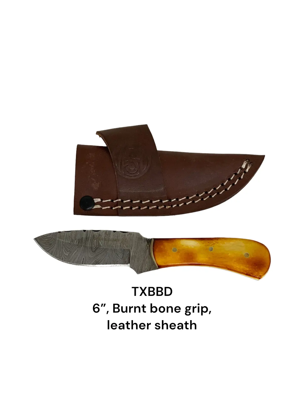 Knife Damascus 6" Overallburnt Bone Grip W Leather Sheath 1