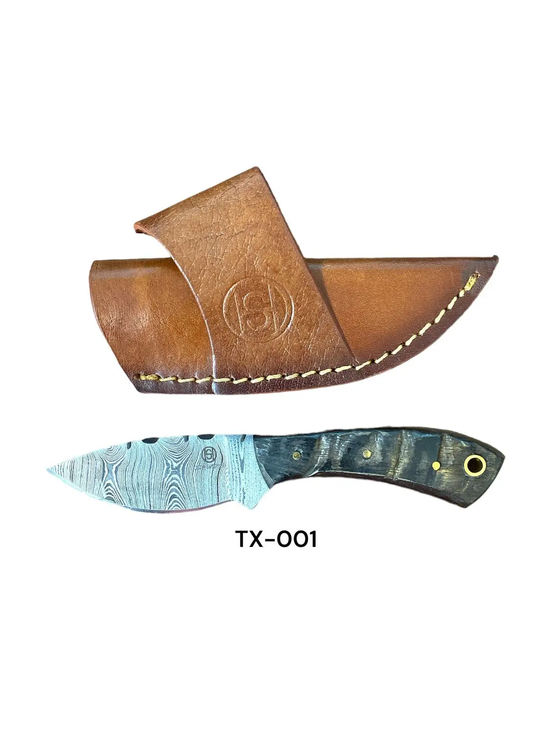 Knife Tx, Damascus Blade 6 1/2 Overallram Horn W/Sheath 1