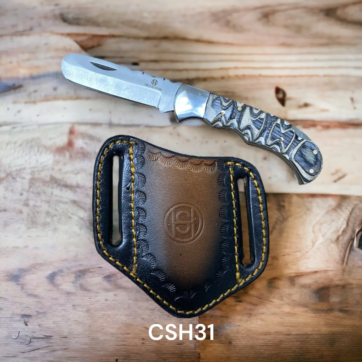 Circle Sh Knife, Stainless Steel Blade W/Blk Pakka Wood Handle With Shealth 1