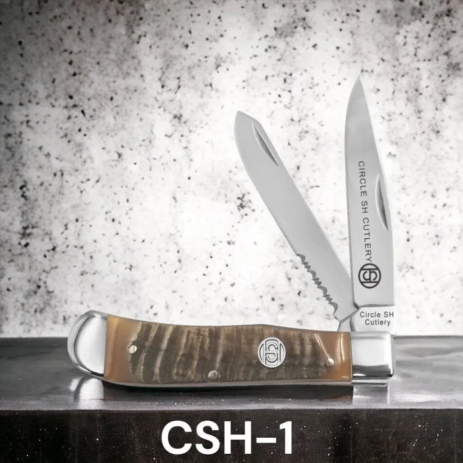 Circle Sh Knife Folder, 4 1/4" Closed, Ram Horn Serrated 1