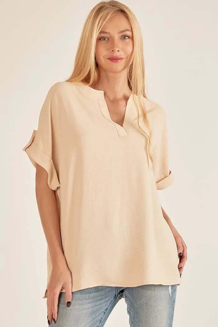 Spt5211 - Women Short Button Sleeve Front Slit Loose Fit Top 2