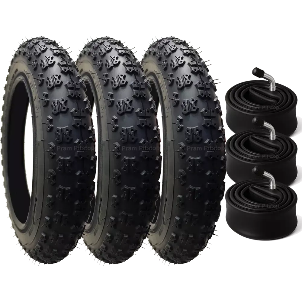 3 Pack - 12 1/2 X 2 1/4 Pram Tyres (Black) - Plus 3 X Inner Tubes (Angled Or Straight Valve Option) 1