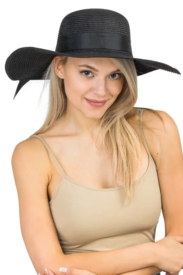 Wide Black Grosgrain Band Decor Floppy Paper Straw Sun Hat-Black 1