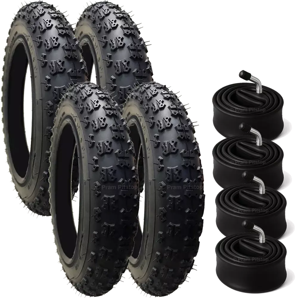 4 Pack - 12 1/2 X 2 1/4 Pram Tyres (Black) - Plus 4 X Inner Tubes (Angled Or Straight Valve Option) 1
