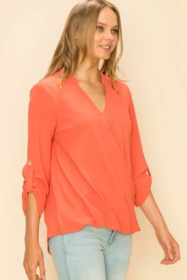 Sp4732t-24156 - Women Faux Wrap Band Collar Blouse 1