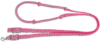 Tough1® Metallic Cord Knotted Roping Reins-Pink/Silver 1