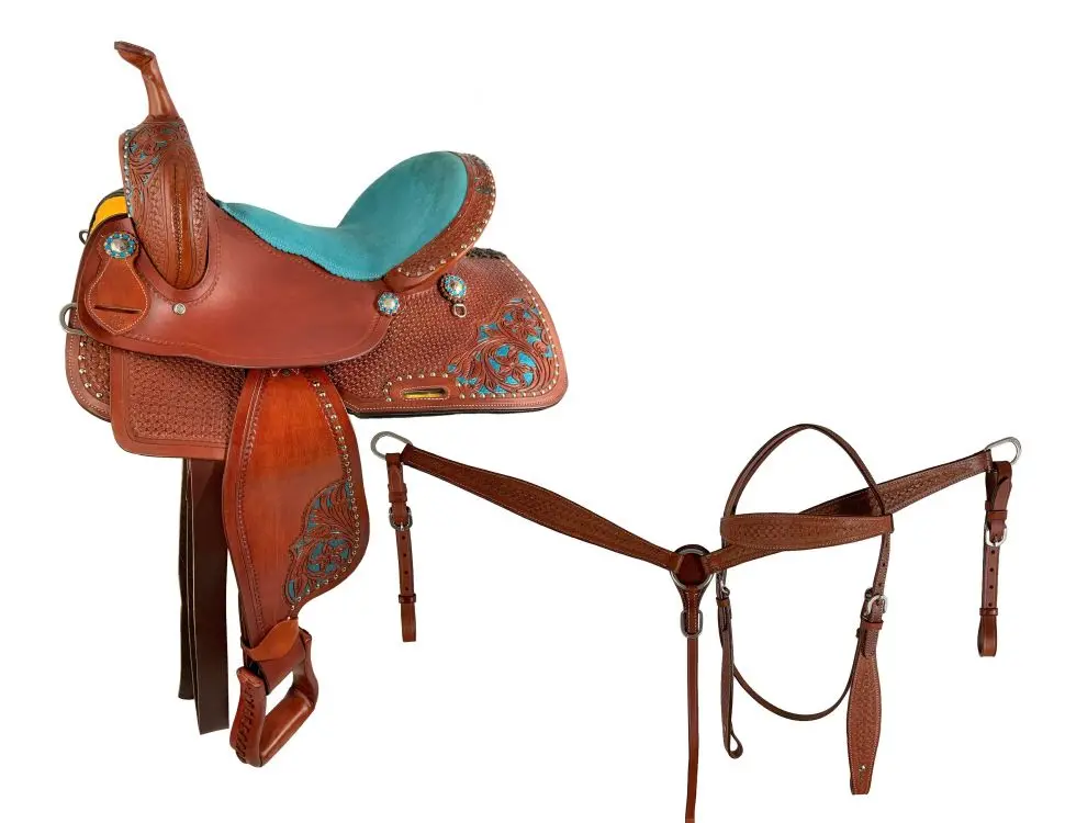 15" Economy Barrel Saddle Set Features Combo Basketweave/Floral Tooling And Painted Teal Accents. 1