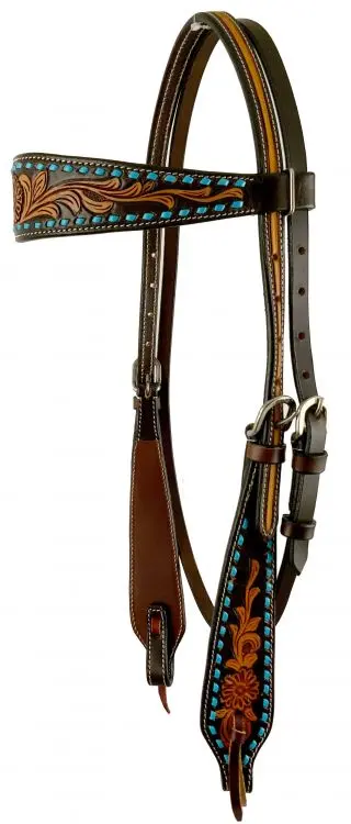 Showman ® Argentina Cow Leather  Two-Tone Browband Headstall With Floral Tooling And Turquoise Rawhide Braid. 1
