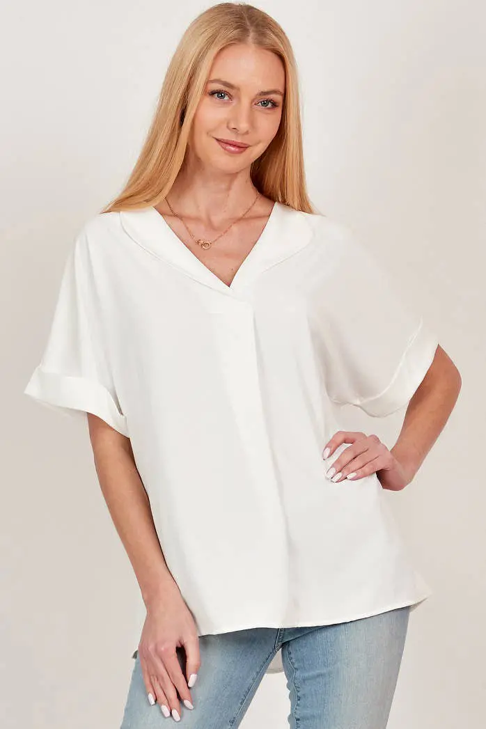 Spt5068. - Women Solid Collared Short Sleeve Loose Boxy Top 1