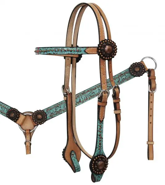 Showman Light Oil Filigree Headstall And Breast Collar Set With Copper Rosette Conchos 1