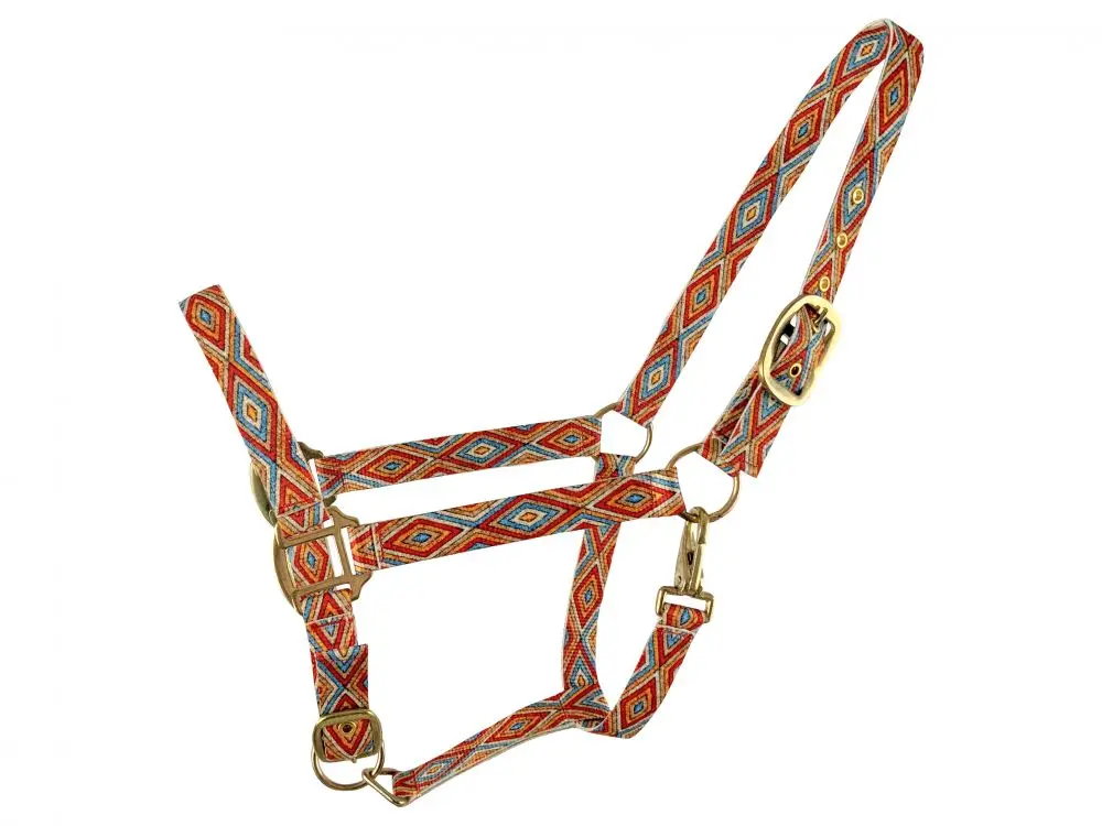 Premium Nylon Horse Sized Halter With Orange And Blue Navajo Print. 1