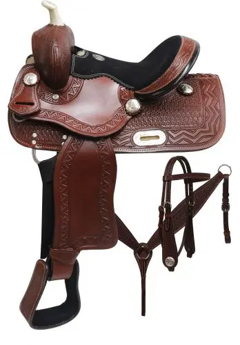 12" Double T Youth Barrel Style Saddle Set With Zigzag And Basket Weave Tooling 1