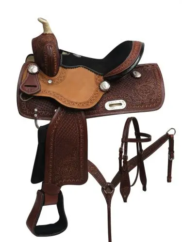 12" Double T Youth Barrel Style Saddle Set With Zigzag, Basket Weave And Floral Tooling. 1