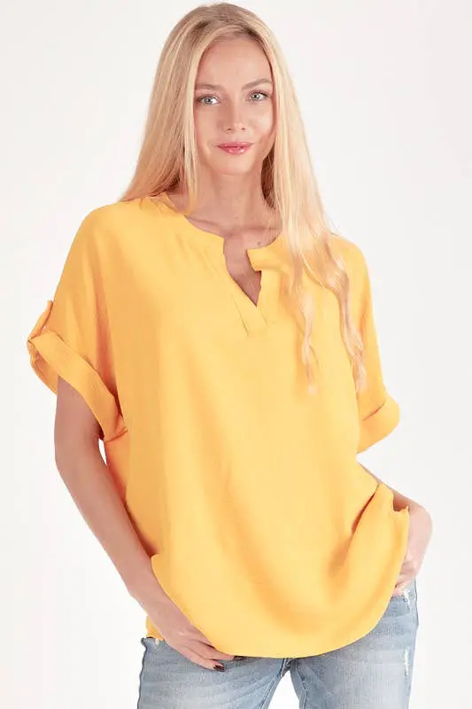Spt5211 - Women Short Button Sleeve Front Slit Loose Fit Top 1