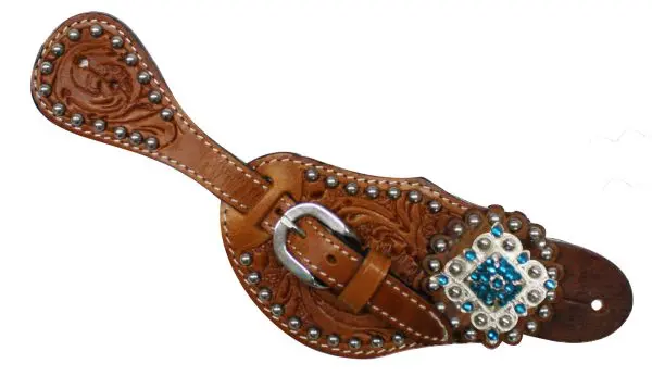 Showman Ladies Spur Strap - Floral With Blue Rhinestones 1