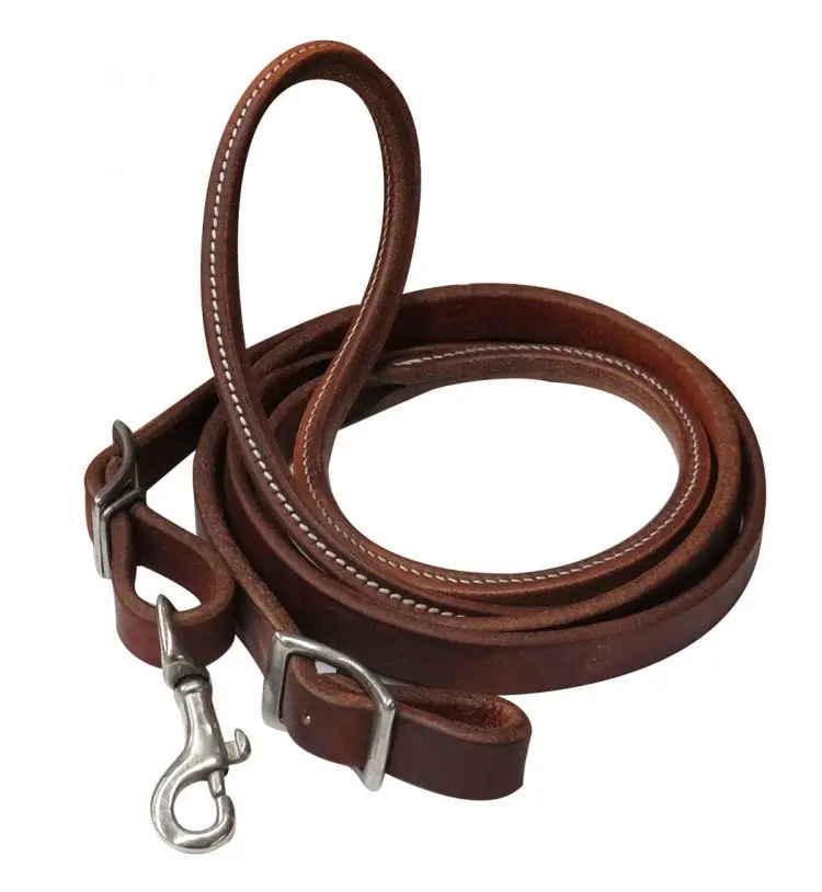 74047 - 7Ft Heavy Oiled Harness Leather Contest Rein With Rolled Center Nickel Plated Snap And Conway Buckle Ends. 1