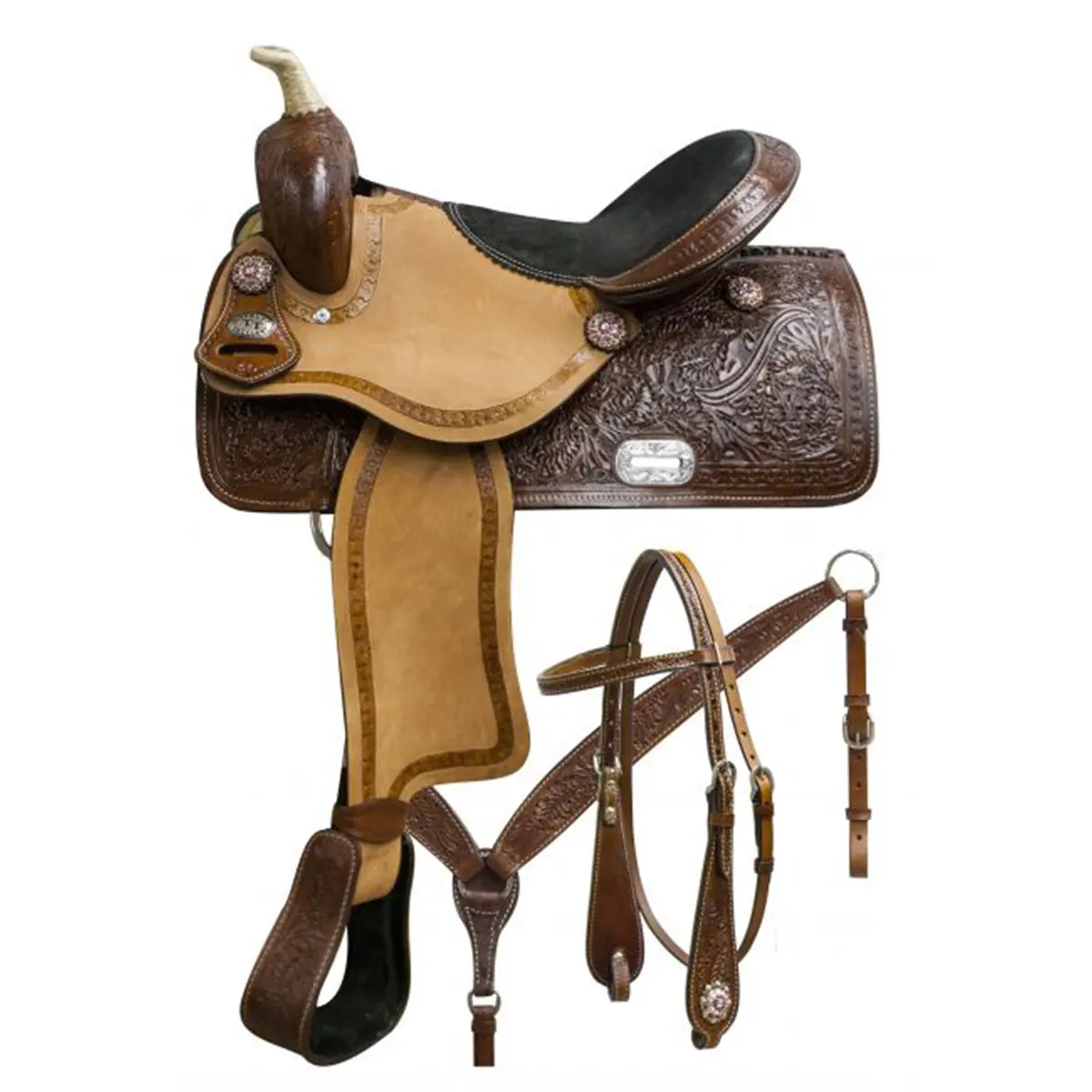 Double T Barrel Saddle Set With Oak Leaf Tooling - 15 Inches 1