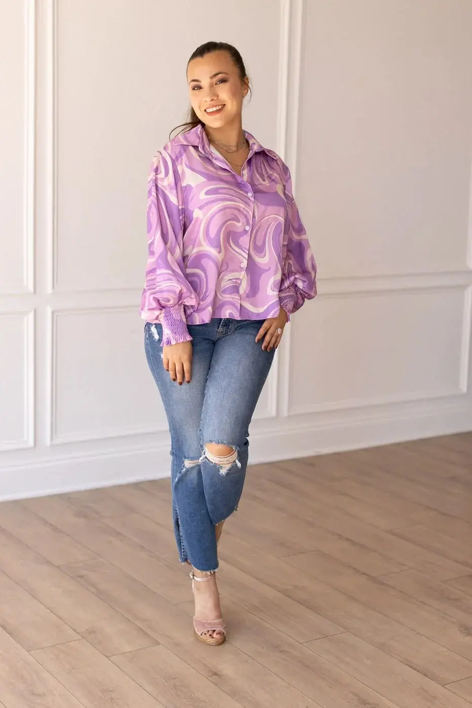 Retro Reverie Balloon-Sleeve Blouse In Purple Satin 1