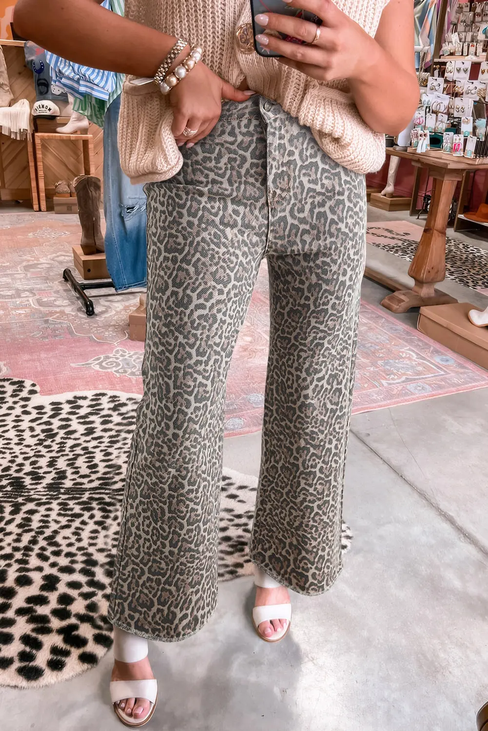 Brown Leopard Frayed Edge Wide Leg High Waist Jeans 5