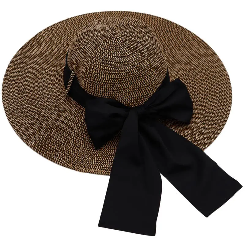 Mixed Grain Straw Satin Ribbon Wide Floppy Sun Hat-Brown/Black 1